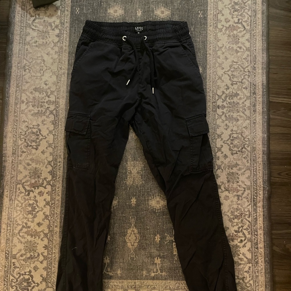 Boohoo Mens Black Cargo Pants Straight-Leg
